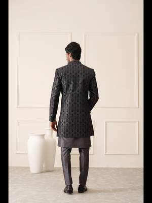Dark grey resham embroidered front open indowestern 5