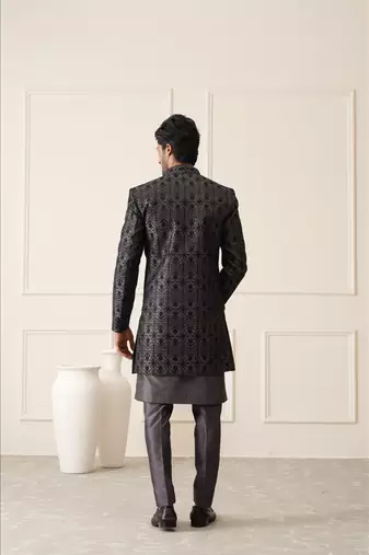 Dark grey resham embroidered front open indowestern