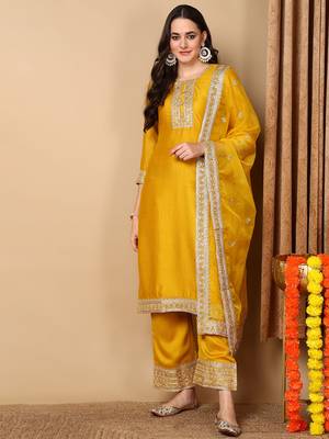 women yellow silk blend solid embroidered straight kurta trouser with dupatta 1