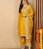 women yellow silk blend solid embroidered straight kurta trouser with dupatta