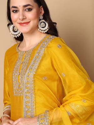women yellow silk blend solid embroidered straight kurta trouser with dupatta 2