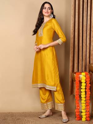 women yellow silk blend solid embroidered straight kurta trouser with dupatta 3