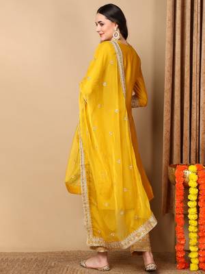 women yellow silk blend solid embroidered straight kurta trouser with dupatta 4