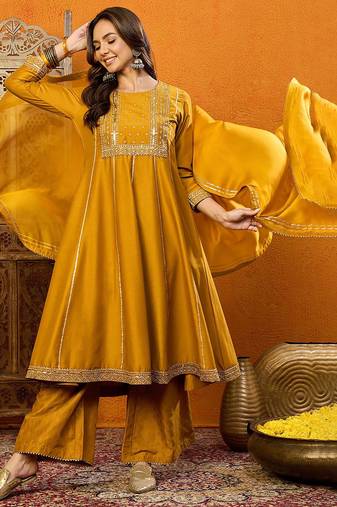 women mustard silk blend solid embroidered anarkali kurta palazzo with dupatta