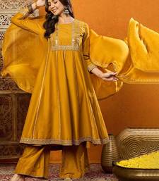 women mustard silk blend solid embroidered anarkali kurta palazzo with dupatta