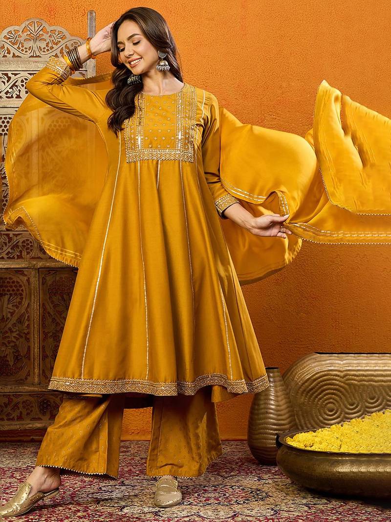 women mustard silk blend solid embroidered anarkali kurta palazzo with dupatta