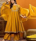 women mustard silk blend solid embroidered anarkali kurta palazzo with dupatta