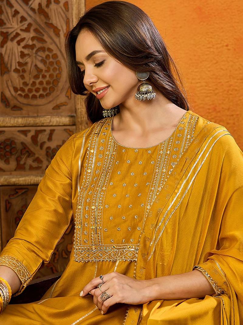 women mustard silk blend solid embroidered anarkali kurta palazzo with dupatta