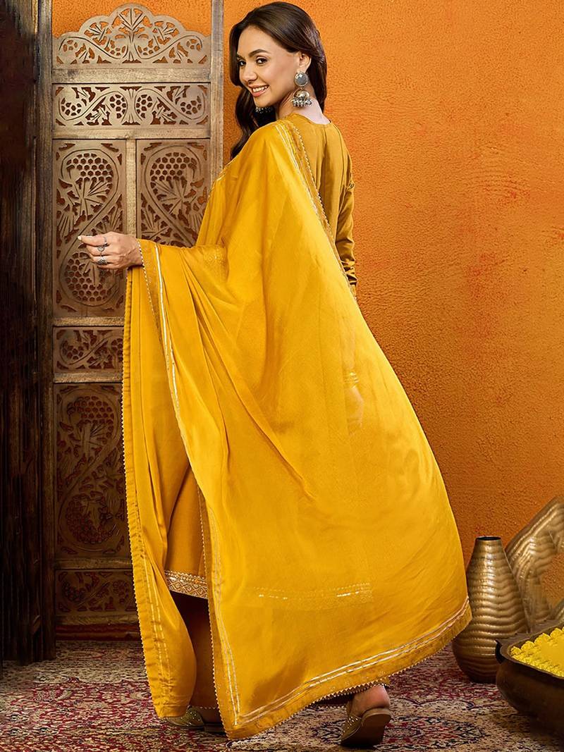 women mustard silk blend solid embroidered anarkali kurta palazzo with dupatta