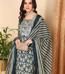women navy blue rayon blend floral printed straight kurta trouser with dupatta