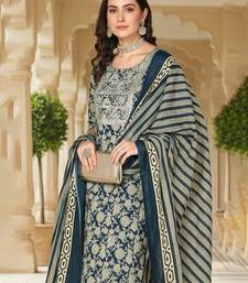 women navy blue rayon blend floral printed straight kurta trouser with dupatta