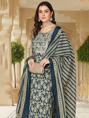 women navy blue rayon blend floral printed straight kurta trouser with dupatta 2