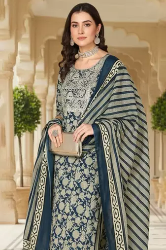 women navy blue rayon blend floral printed straight kurta trouser with dupatta