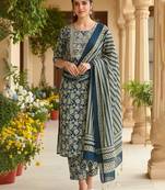 women navy blue rayon blend floral printed straight kurta trouser with dupatta