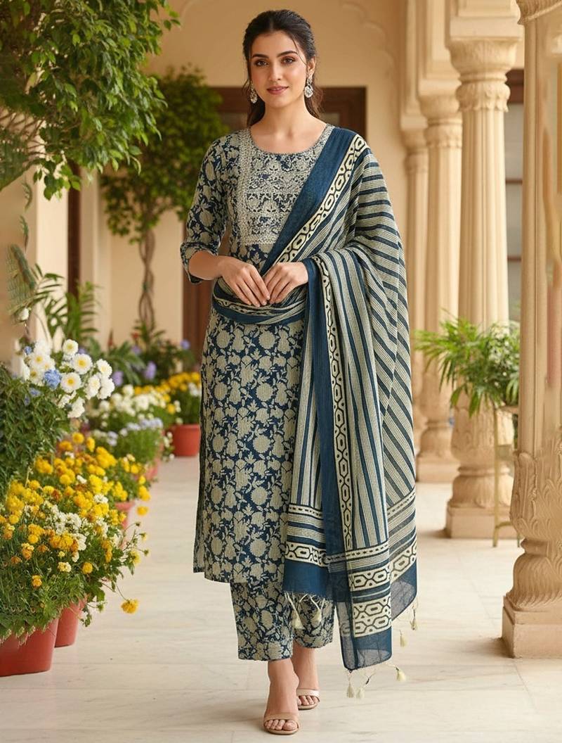 women navy blue rayon blend floral printed straight kurta trouser with dupatta