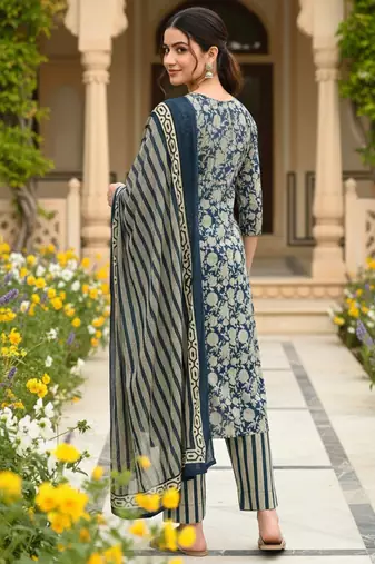 women navy blue rayon blend floral printed straight kurta trouser with dupatta