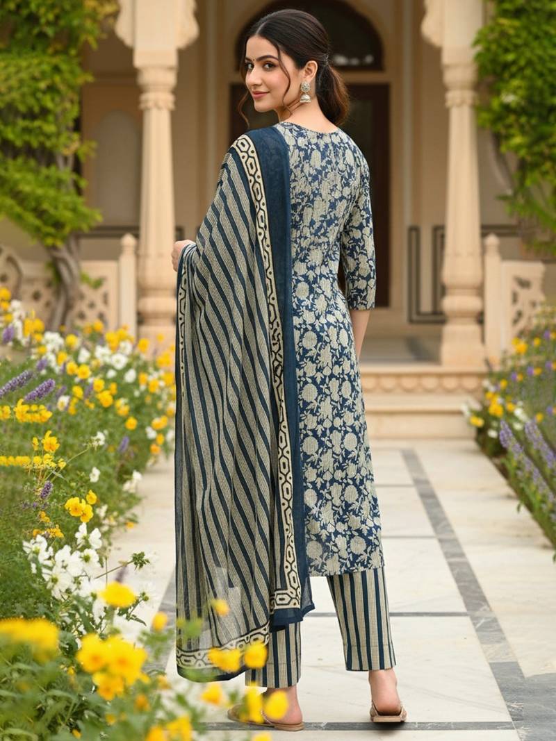 women navy blue rayon blend floral printed straight kurta trouser with dupatta