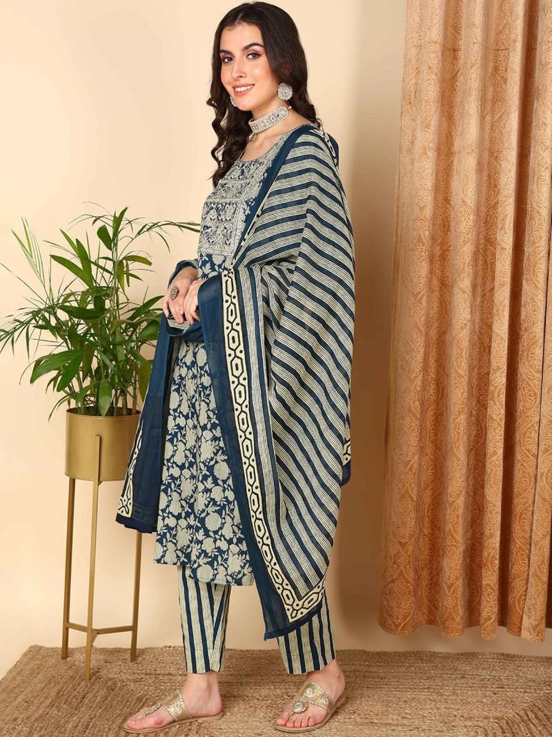 women navy blue rayon blend floral printed straight kurta trouser with dupatta