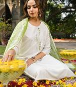 women green rayon blend solid embroidered straight kurta trouser with dupatta