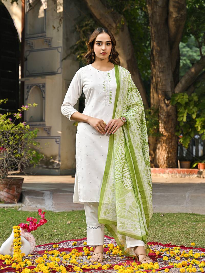 women green rayon blend solid embroidered straight kurta trouser with dupatta