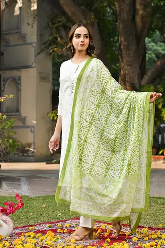 women green rayon blend solid embroidered straight kurta trouser with dupatta