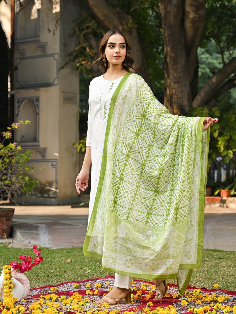 women green rayon blend solid embroidered straight kurta trouser with dupatta