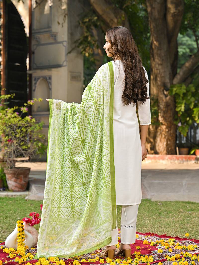 women green rayon blend solid embroidered straight kurta trouser with dupatta