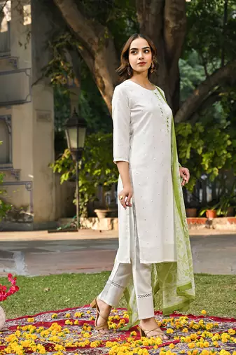 women green rayon blend solid embroidered straight kurta trouser with dupatta