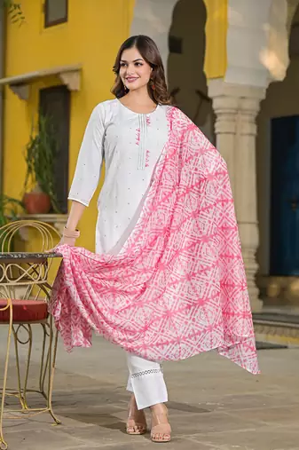 women pink rayon blend solid embroidered straight kurta trouser with dupatta