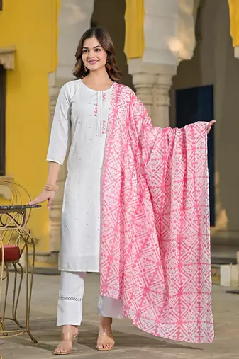 women pink rayon blend solid embroidered straight kurta trouser with dupatta