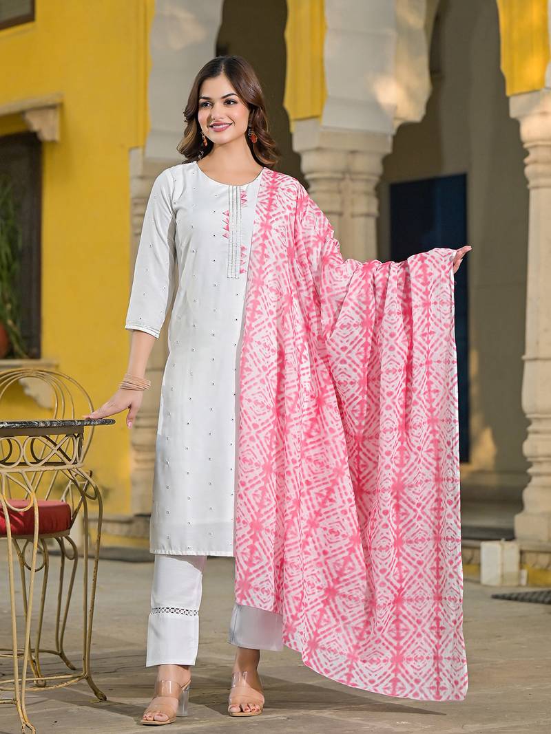 women pink rayon blend solid embroidered straight kurta trouser with dupatta