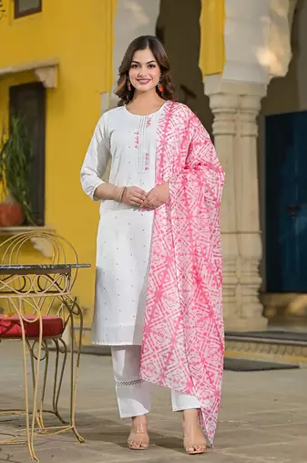 women pink rayon blend solid embroidered straight kurta trouser with dupatta