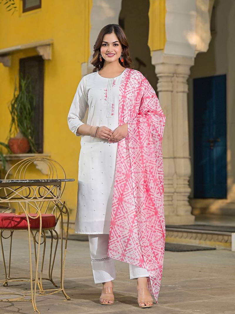 women pink rayon blend solid embroidered straight kurta trouser with dupatta