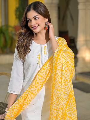 women yellow rayon blend solid embroidered straight kurta trouser with dupatta 1