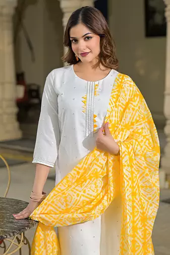 women yellow rayon blend solid embroidered straight kurta trouser with dupatta
