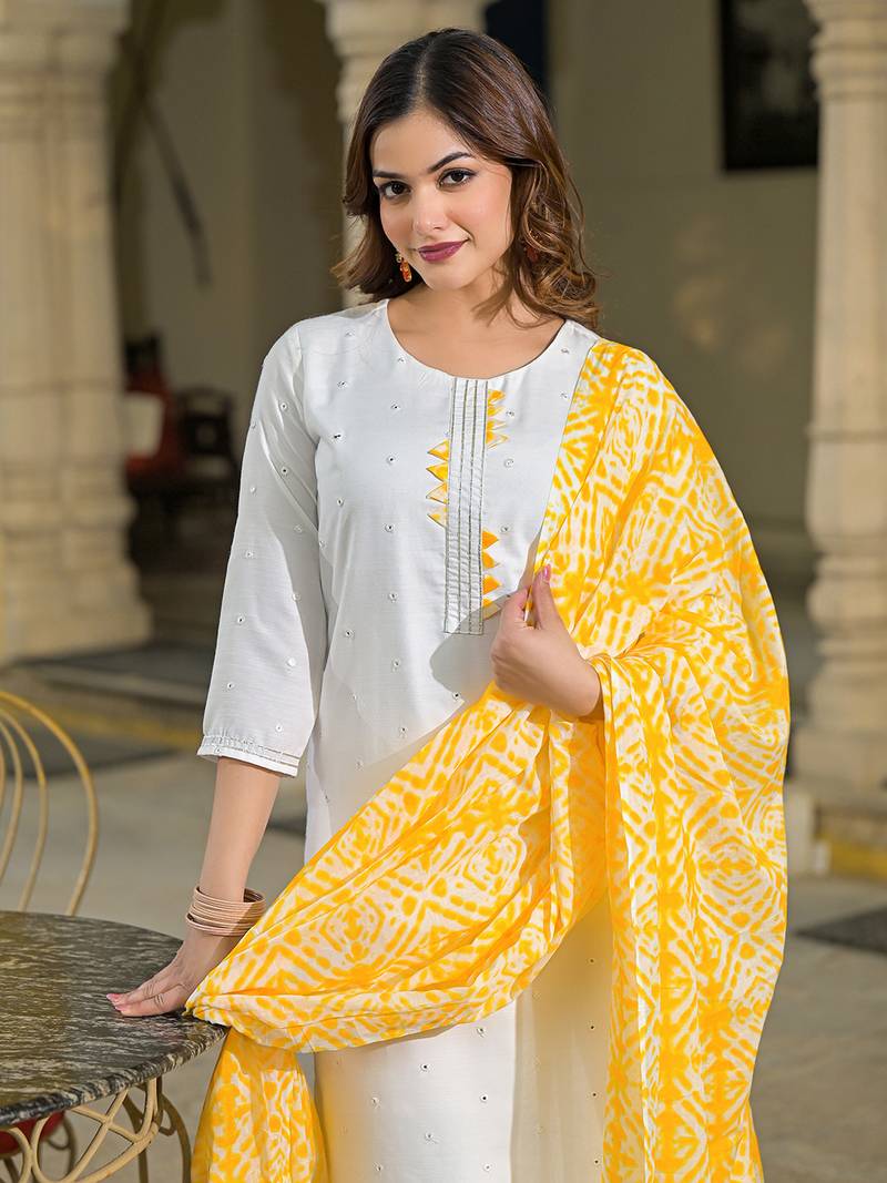 women yellow rayon blend solid embroidered straight kurta trouser with dupatta