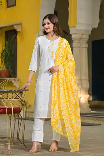 women yellow rayon blend solid embroidered straight kurta trouser with dupatta