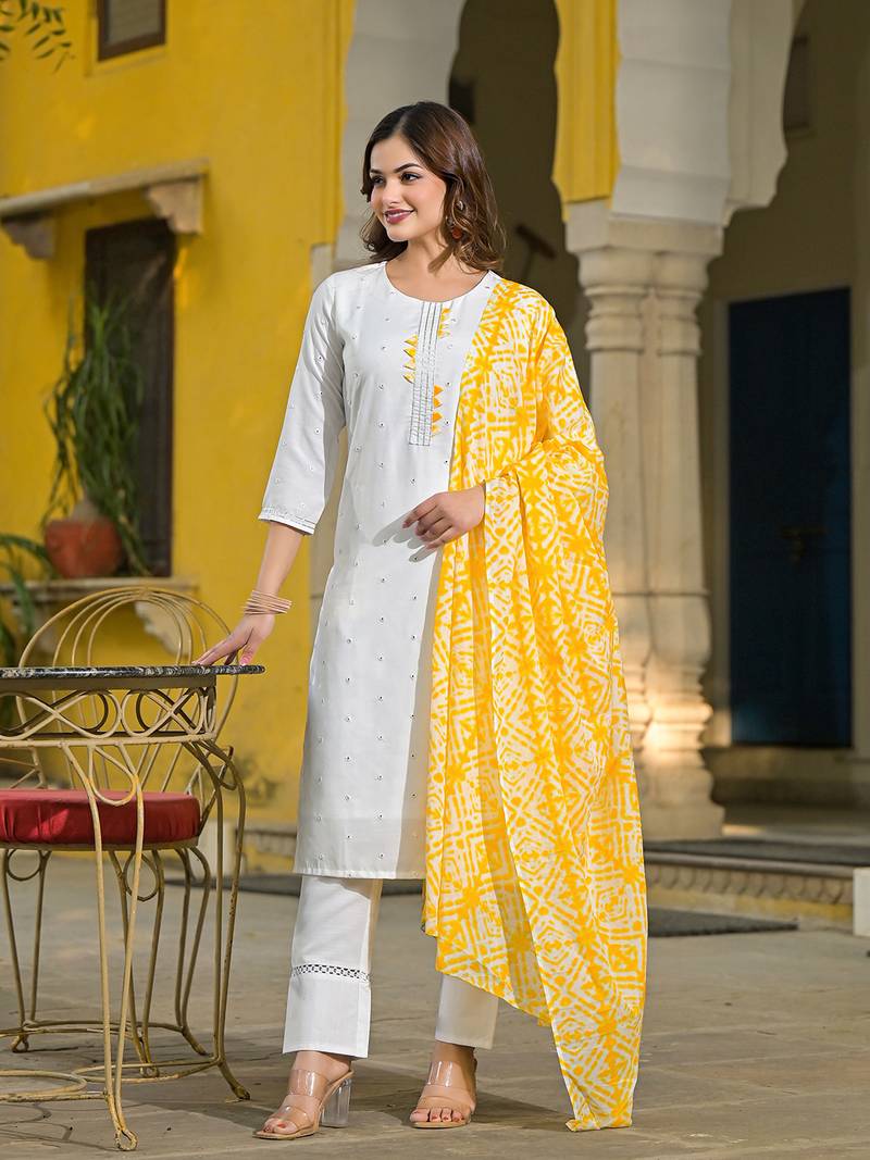 women yellow rayon blend solid embroidered straight kurta trouser with dupatta
