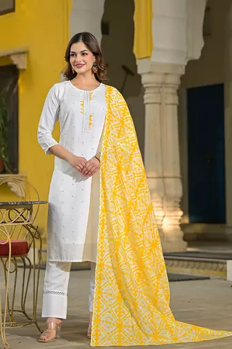 women yellow rayon blend solid embroidered straight kurta trouser with dupatta