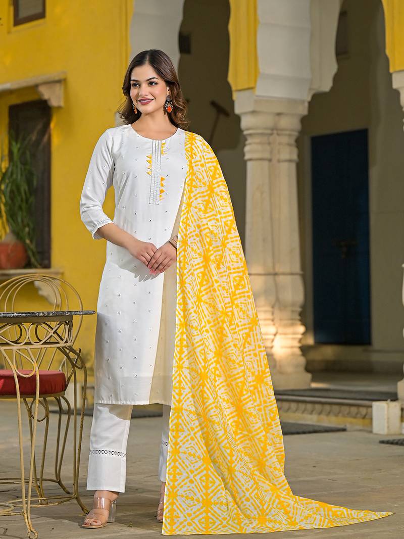 women yellow rayon blend solid embroidered straight kurta trouser with dupatta