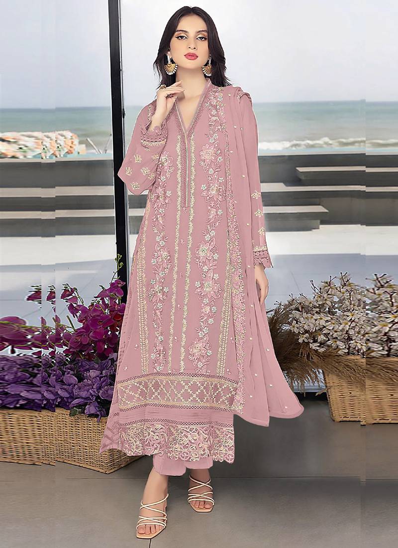 Light pink heavy faux georgette embroidery pakistani salwar suit