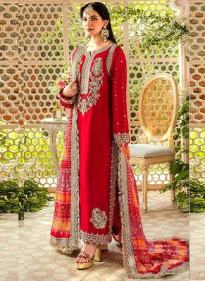 Red faux georgette embroidery pakistani salwar suit 1