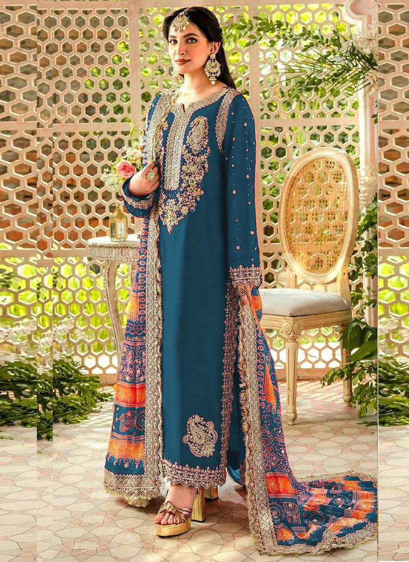 Blue faux georgette embroidery pakistani salwar suit