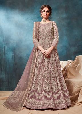 Net embroidered chikoo anarkali dress 1