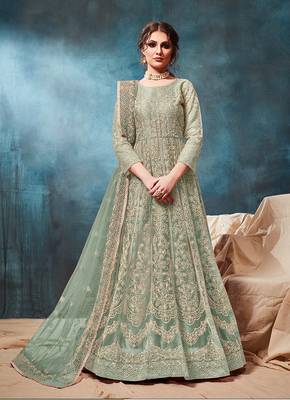 Net embroidered sea green anarkali dress 1