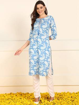 women blue cotton paisley printed straight kurta 1