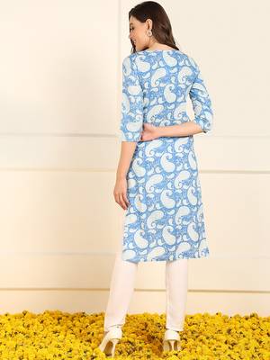 women blue cotton paisley printed straight kurta 4