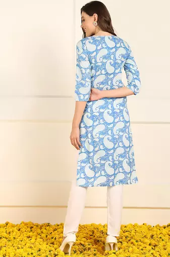women blue cotton paisley printed straight kurta