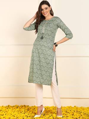 women green cotton ethnic motifs printed straight kurta 1