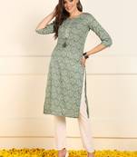 women green cotton ethnic motifs printed straight kurta